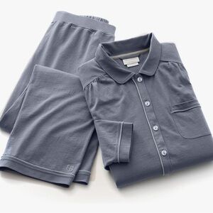 Boll & Branch Soft Knit Long Sleeve & Pants Pajama Set Mineral Organic Cotton